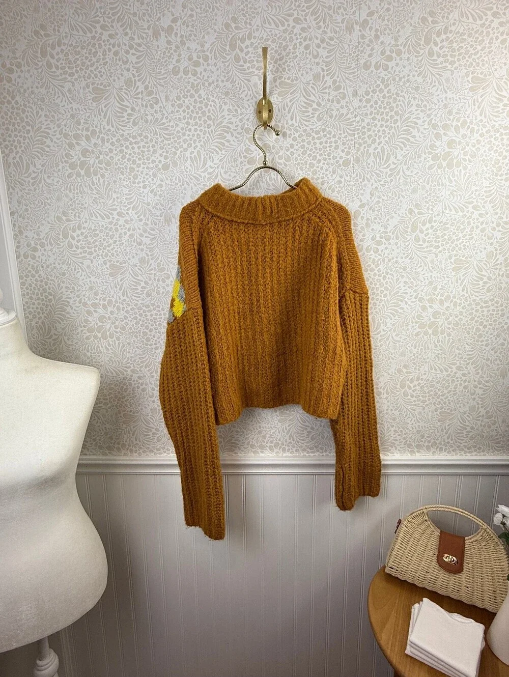 Free People Yellow and Gray Wool Blend Alpine Cropped Sweater - Size - Medium